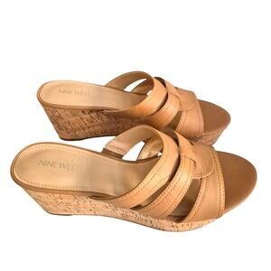 Nine West Women US 10 Natural Faux Leather Cork Wedge Slide Sandals Vivica